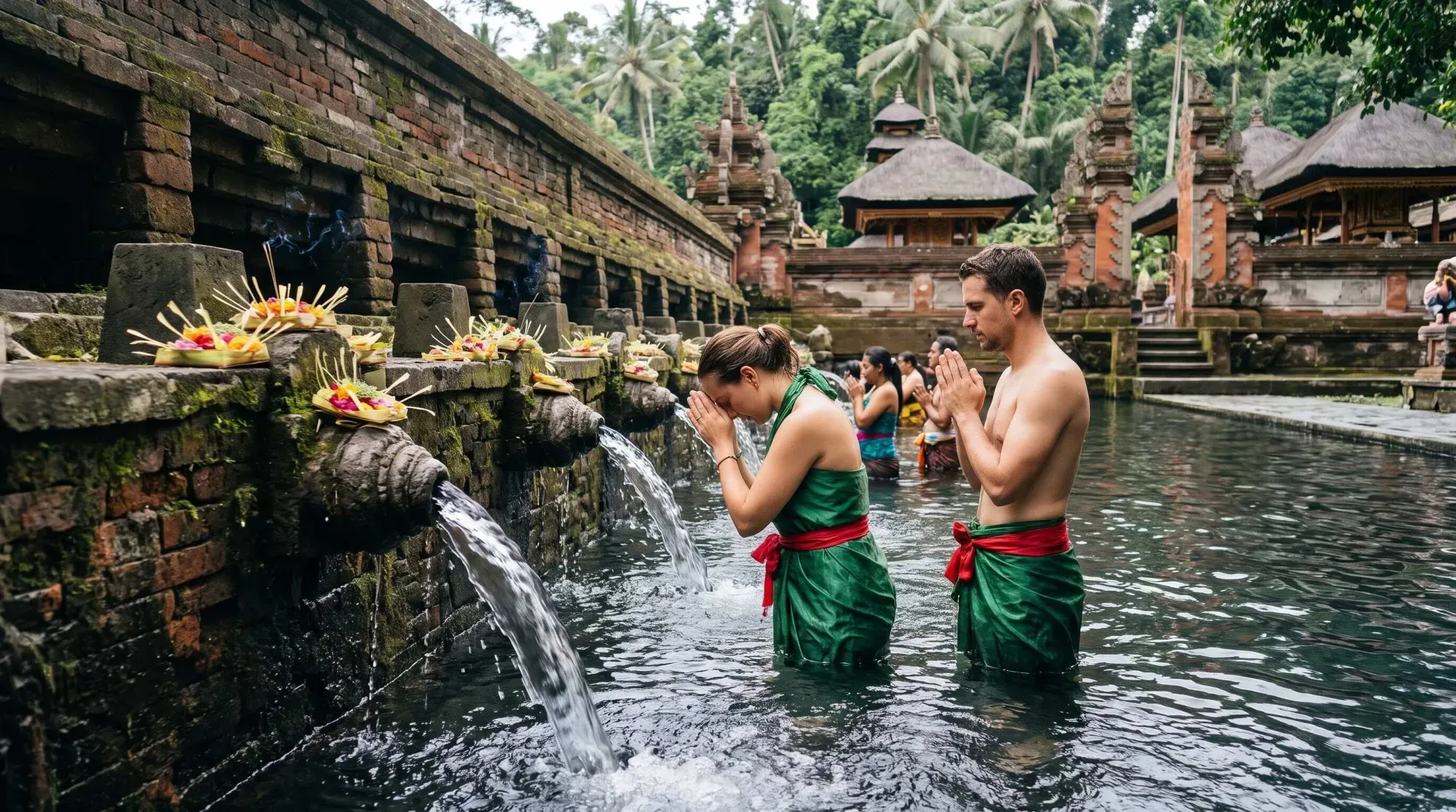 Visitor doing Melukat ritual at Tirta Empul Temple Bali